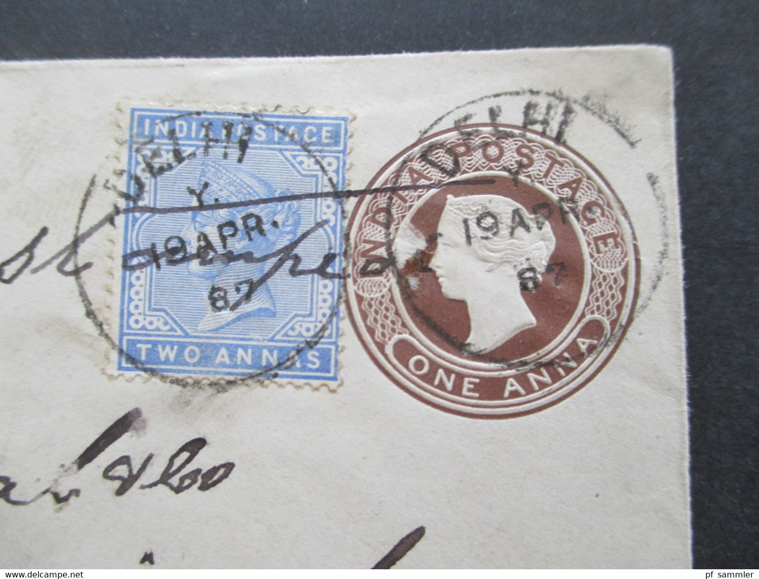 GB Kolonie Indien 1887 GA Umschlag Mit Zusatzfrankatur Delhi Via Brindisi - Weissenburg In Bayern Sea Post Office Stempe - 1858-79 Compañia Británica Y Gobierno De La Reina