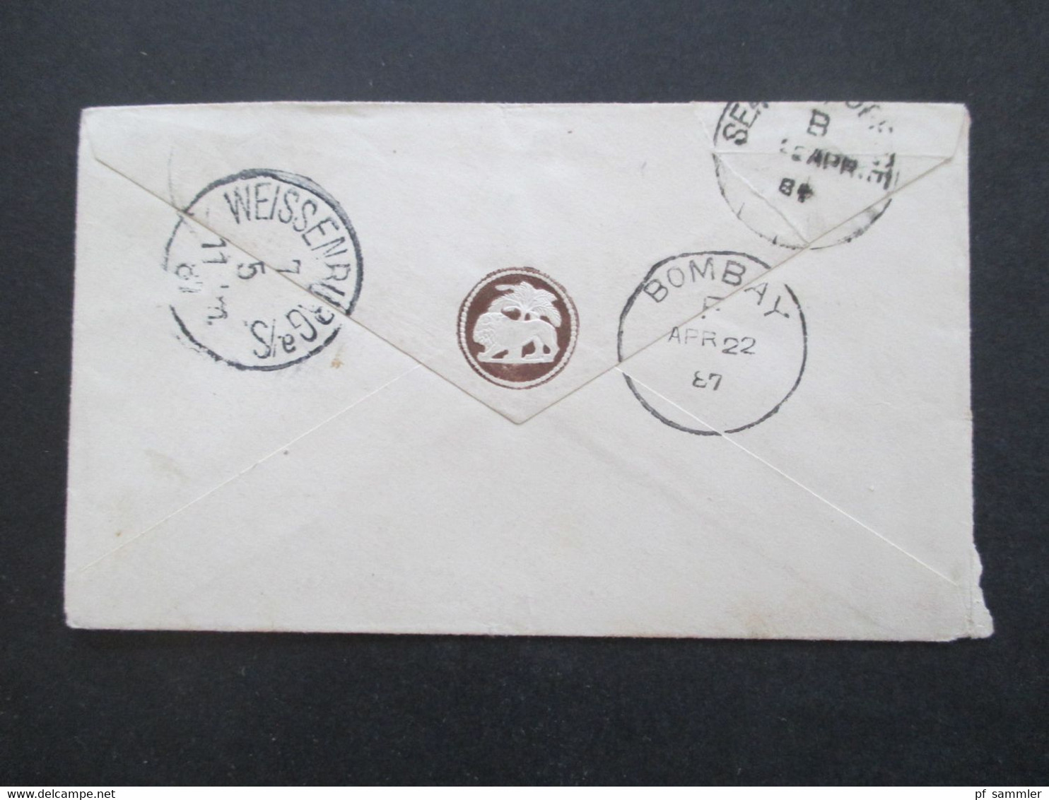 GB Kolonie Indien 1887 GA Umschlag Mit Zusatzfrankatur Delhi Via Brindisi - Weissenburg In Bayern Sea Post Office Stempe - 1858-79 Kronenkolonie