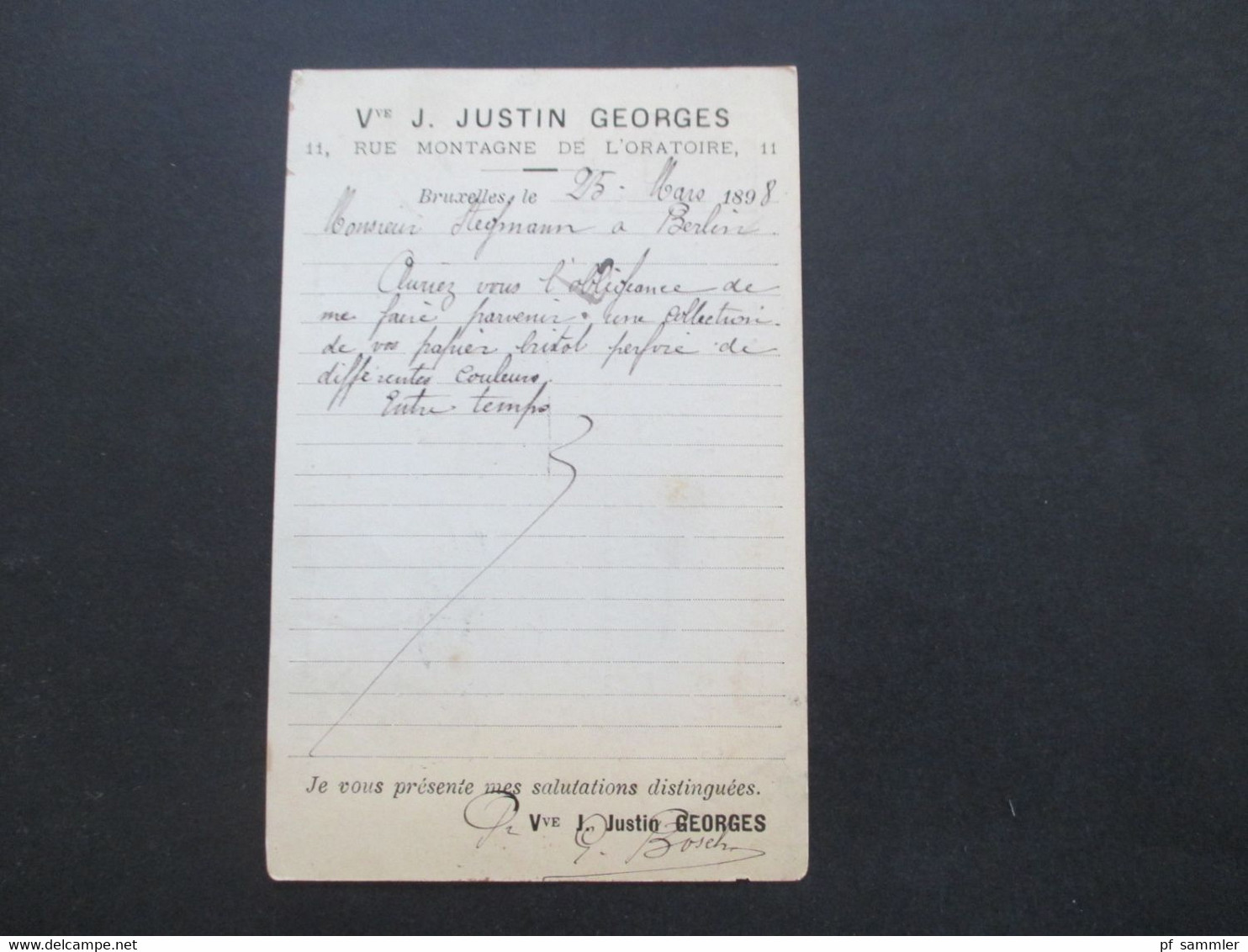 Belgien 1898 Gedruckte Ganzsache J.Justin Georges Bruxelles Nach Berlin Gesendet Dort Innerhalb Berlins Weitergeleitet - Briefkaarten 1871-1909