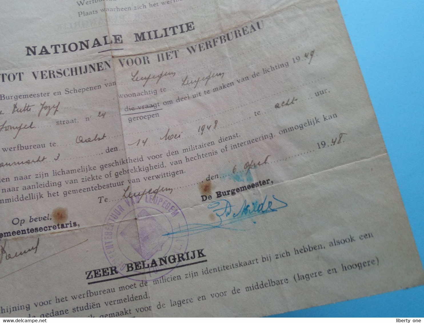 NATIONALE MILITIE ( BEVEL Tot Verschijnen Voor Het Werfbureau ) LEUPEGEM > 1948 (zie Foto's Voor Detail) ! - Documents