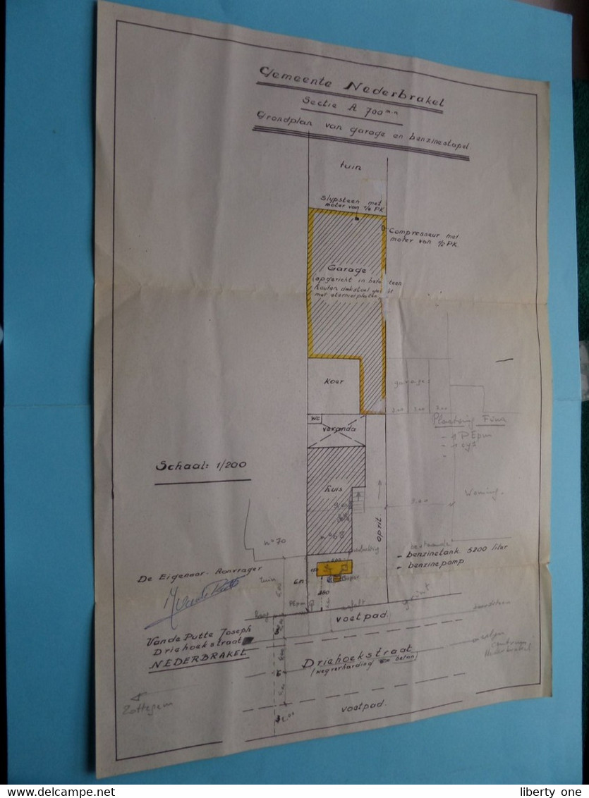 Gemeente NEDERBRAKEL Sectie A 700 GRONDPLAN Van Garage En Benzinestapel DRIEHOEKSTRAAT 1968 (zie Foto's Voor Detail) ! - Andere Pläne