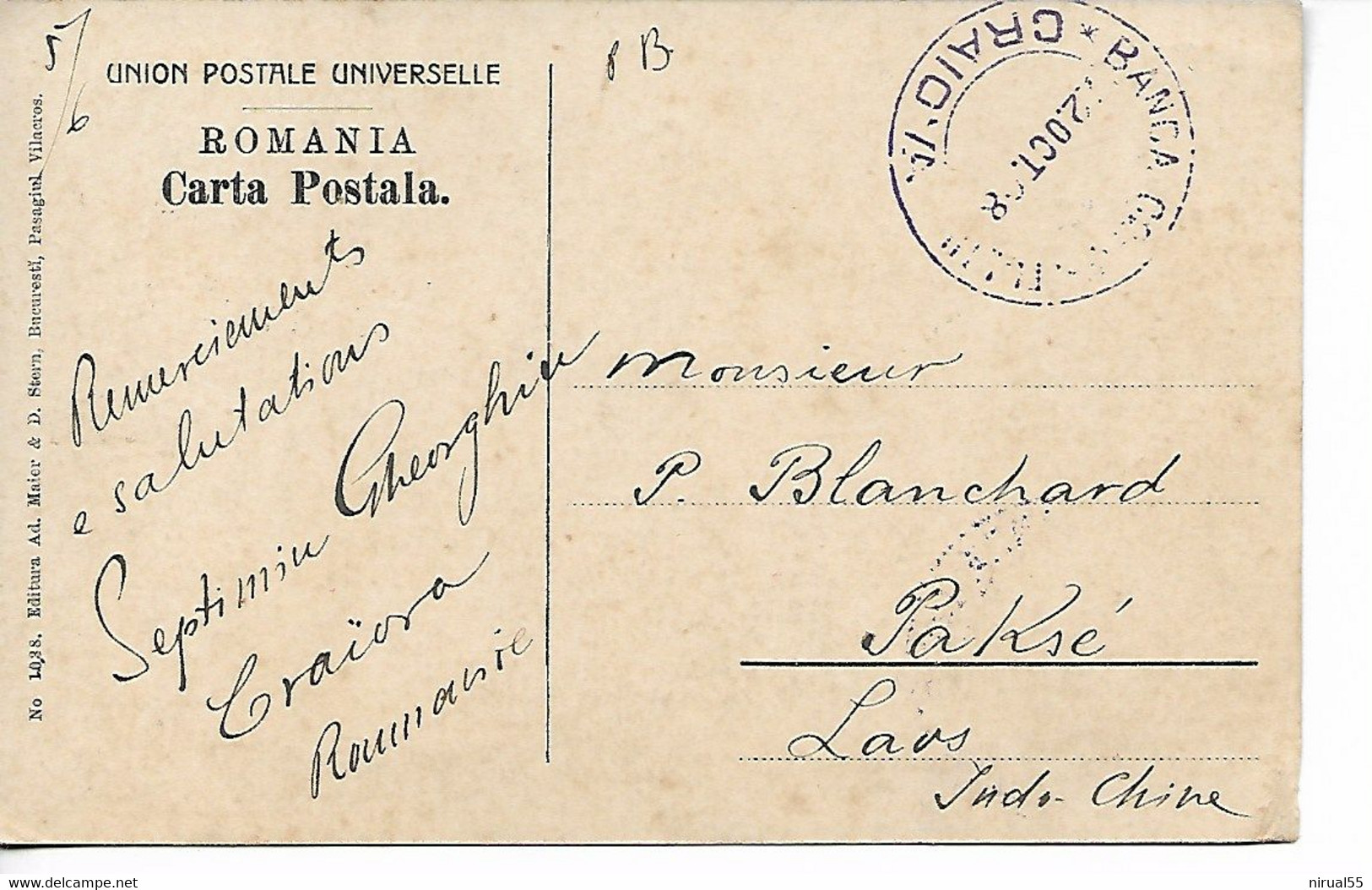 CRAIOVA Roumanie Sur Carte BUCURESTI Bucarest CAD Bleu BANCA Sur Timbre 3 Bani Pour Le Laos 1908  ...G - Marcophilie