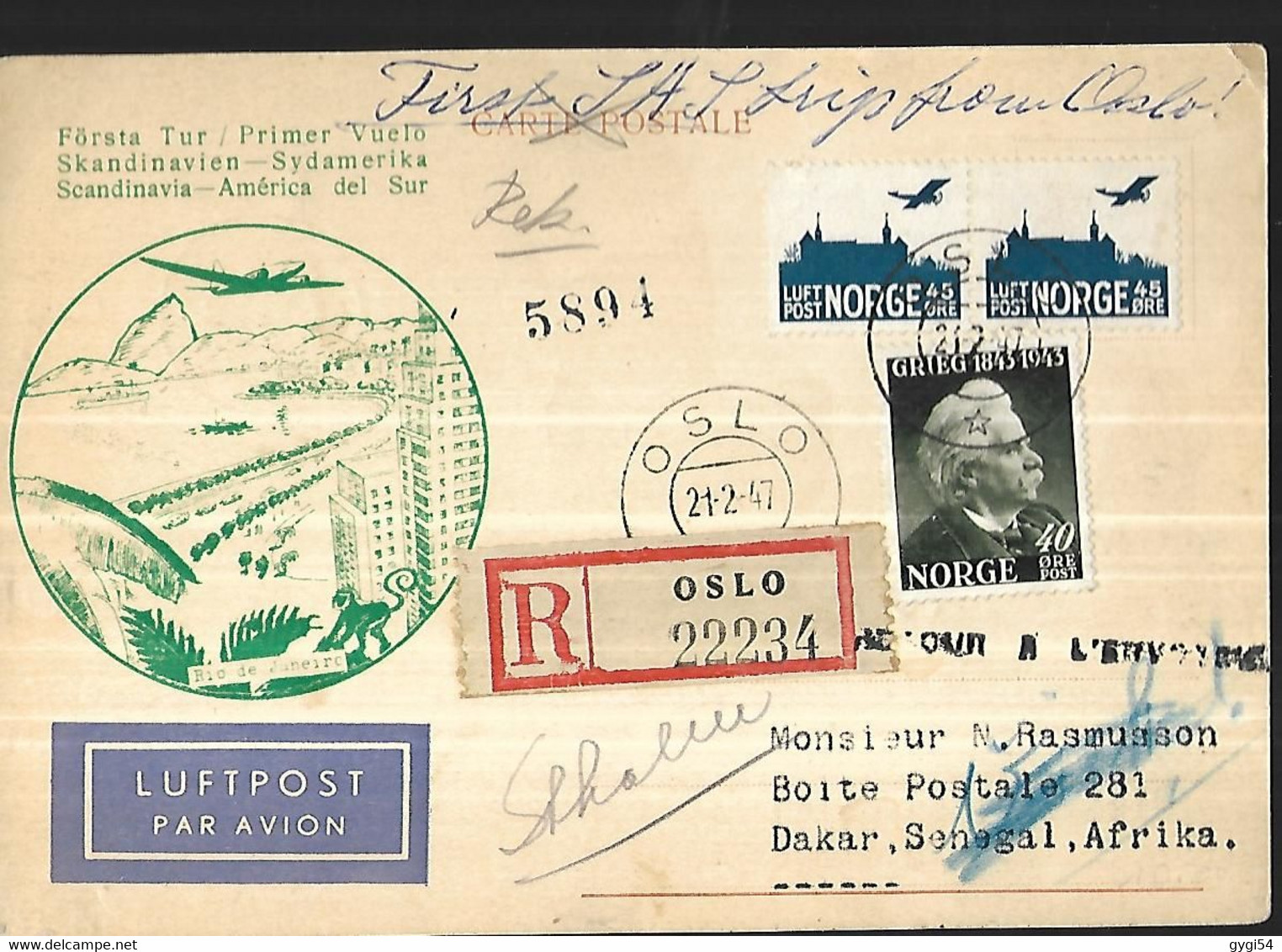 Norvège  Lettre  Recommandée Du 21 02 1947 De Oslo Pour Dakar  1er VOL - Lettres & Documents