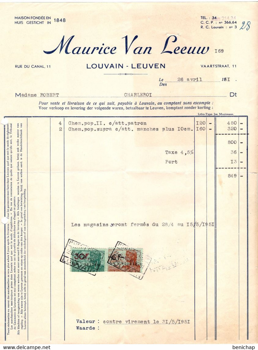 Maurice Van Leeuw - Louvain - Leuven - Textile - Chemise Flanelle - 26 Avril 1951. - Textile & Vestimentaire