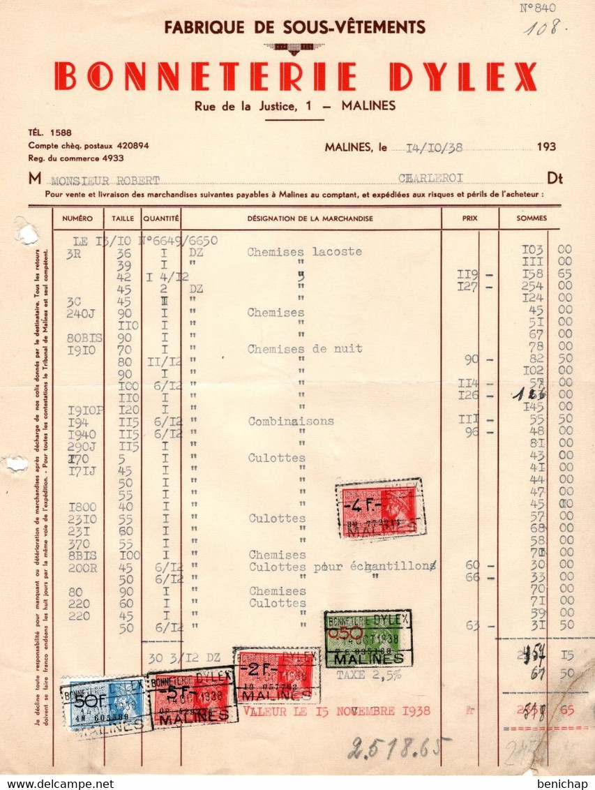 Fabrique De Bonneterie & Sous-Vêtements Dylex - Chemises Lacoste - Malines 1938. - Textile & Vestimentaire