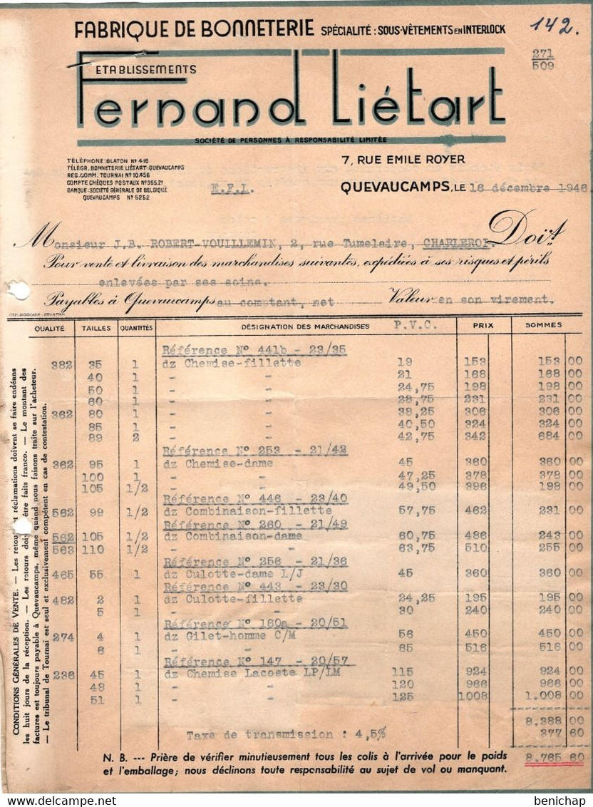 Fabrique De Bonneterie - Spécialisé En Sous-Vêtements En Interlock - Etablissements Fernand Liétart - Quevaucamps 1946. - Textile & Vestimentaire