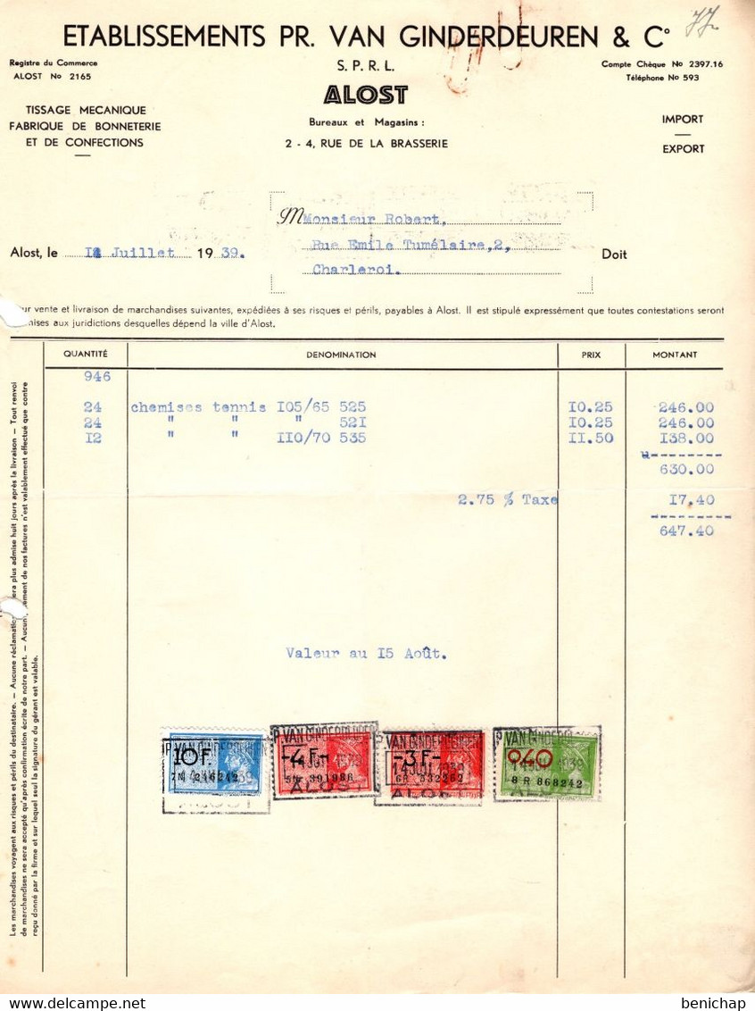 Etablissements Pr. Van Ginderdeuren & Cie - Tissage Mécanique - Confections - Bonneterie - Alost 1939. - Textile & Vestimentaire
