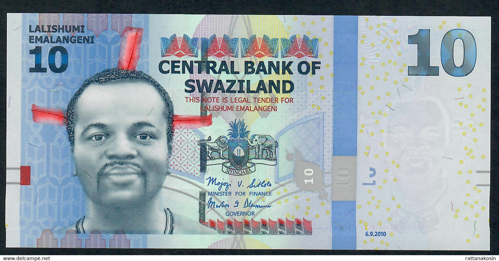 SWAZILAND P36a 10 EMALANGENI 2010 #AA001----  Signature 9b  UNC. - Swaziland