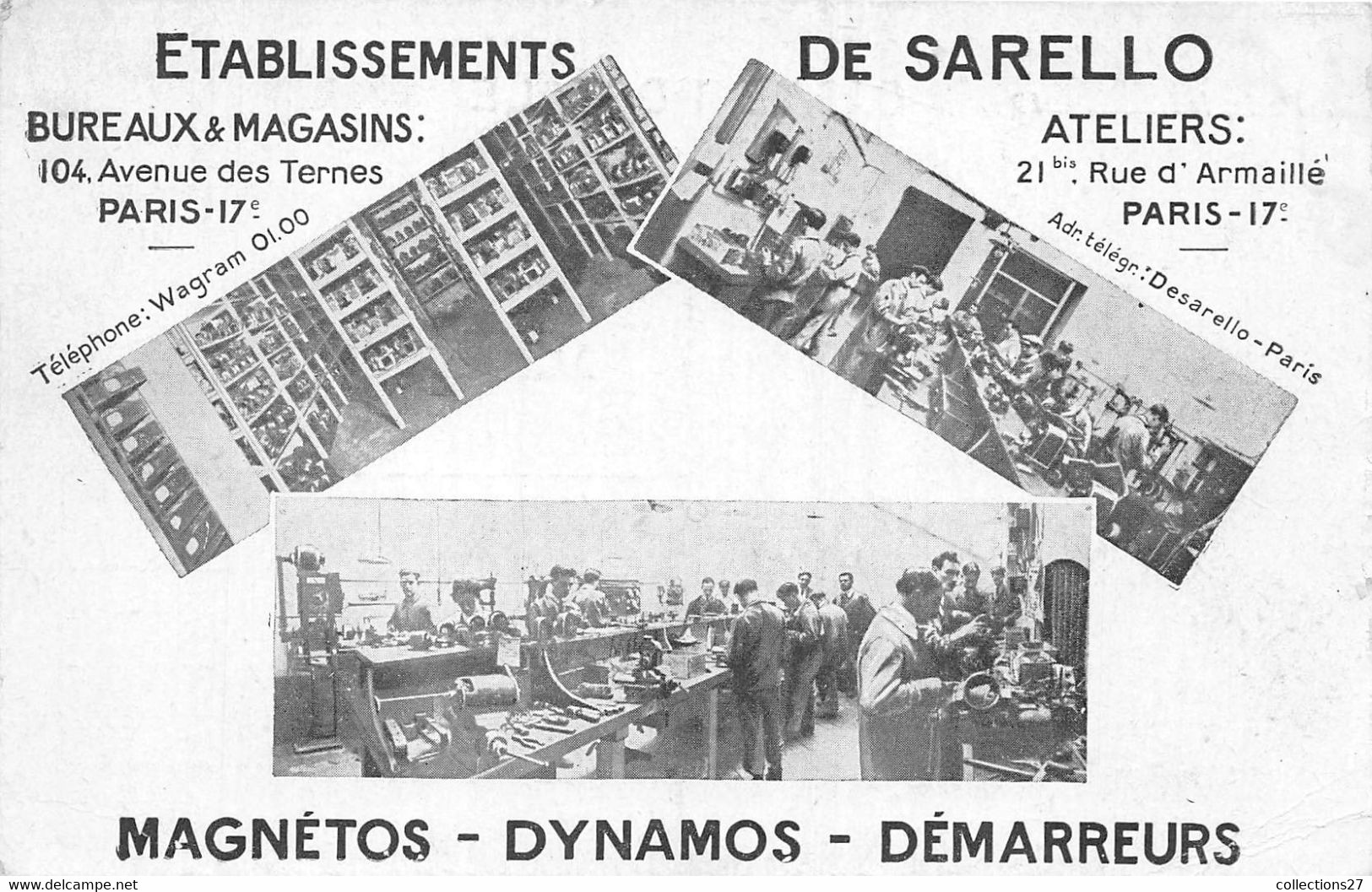 PARIS-75017-ETABLISSEMENT DE SARELLO- 104 AVE DES TERNES - MAGNETOS, DYNAMOS, DEMARREURS - Paris (17)