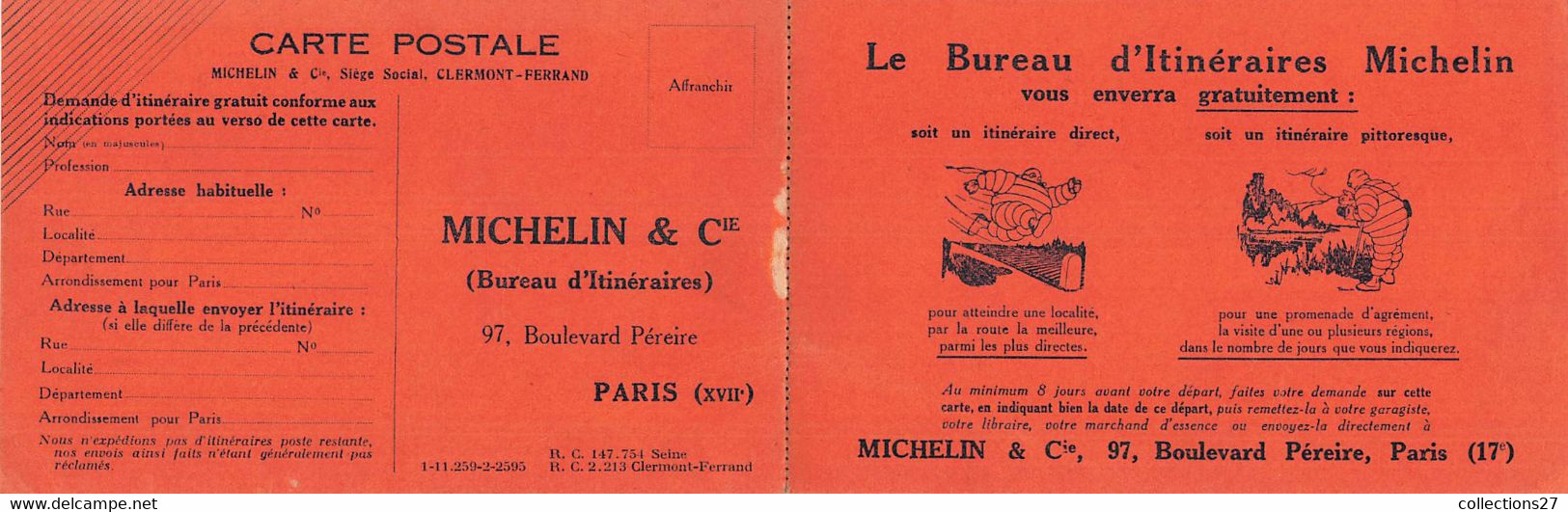 PARIS-75017-MICHELIN ET Cie 97 BLD PEREIRE - LE BUREAU D'ITINERAIRES MICHELIN - DOUBLE CARTE - Paris (17)