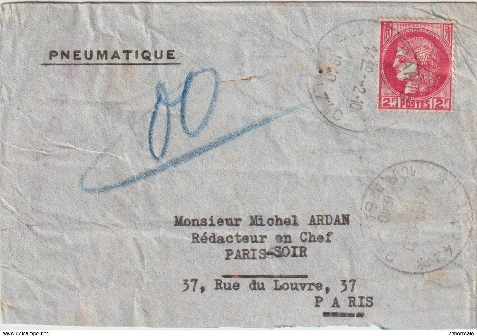 ESC Pneumatique 2F O. Paris 42 Rue De Balzac 1940 - 1921-1960: Modern Period