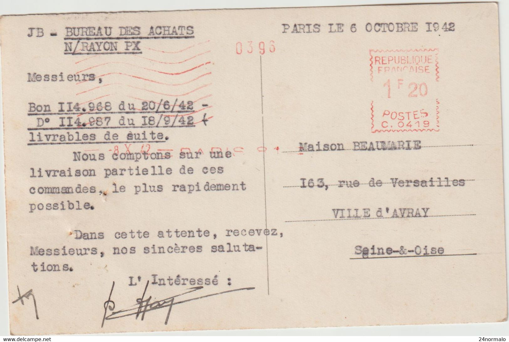 CP Privée "Aux Trois Quartiers" EMA Paris 81 1F20 1942 - 1921-1960: Periodo Moderno