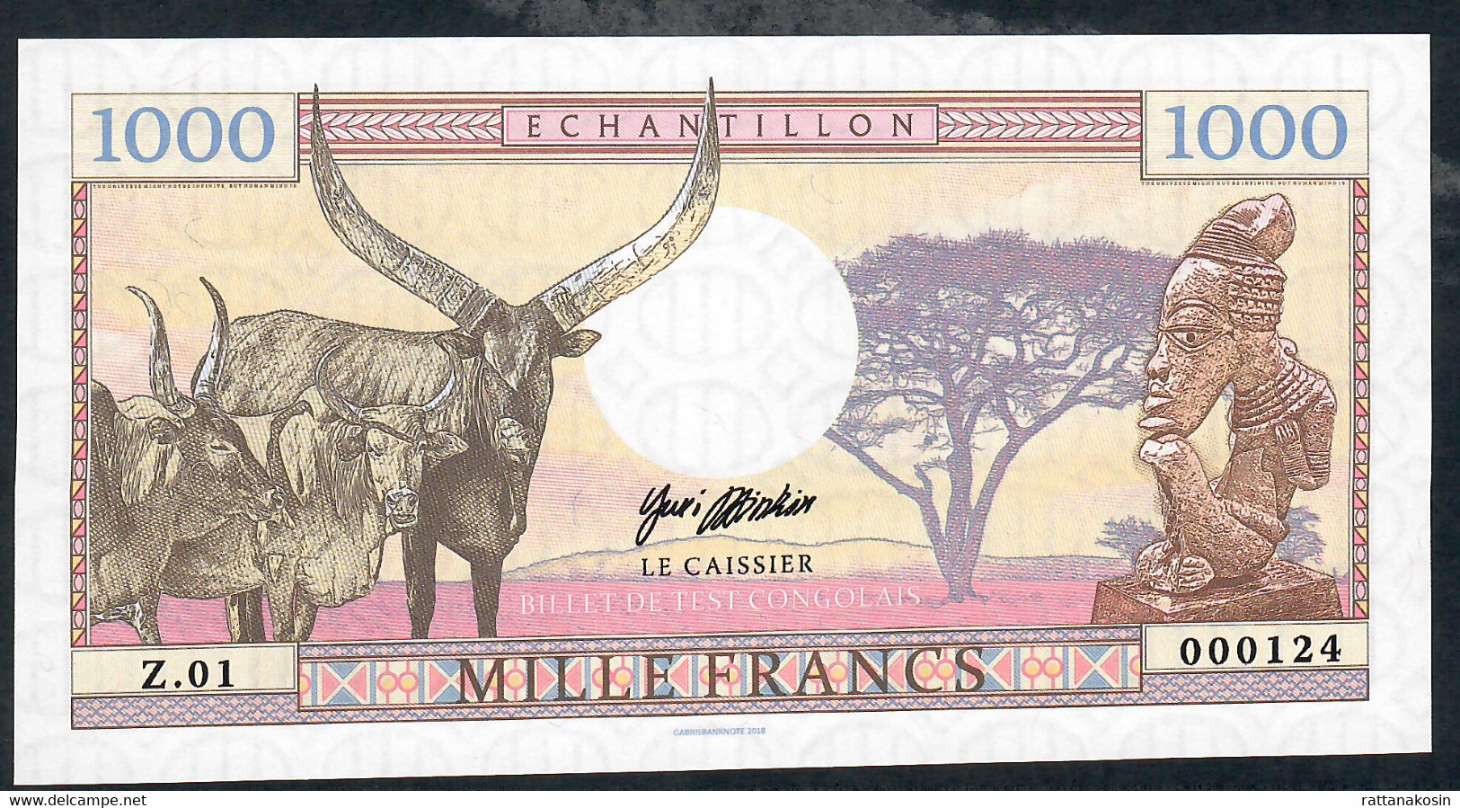 CONGO NLP 1000 FRANCS  DATED  2018 TEST NOTE LOW NUMBER #000124     UNC. - Sin Clasificación