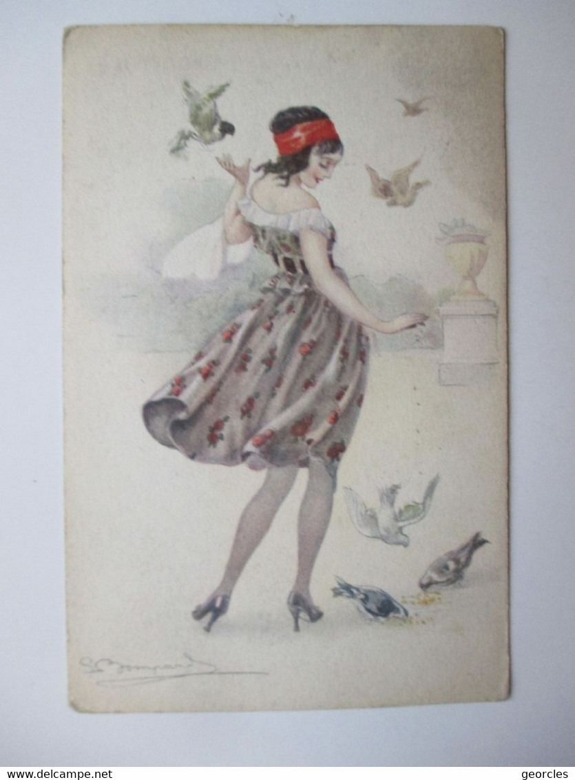 BOMPARD   -   JEUNE  FEMME   ET   PIGEONS      .......          TTB - Bompard, S.