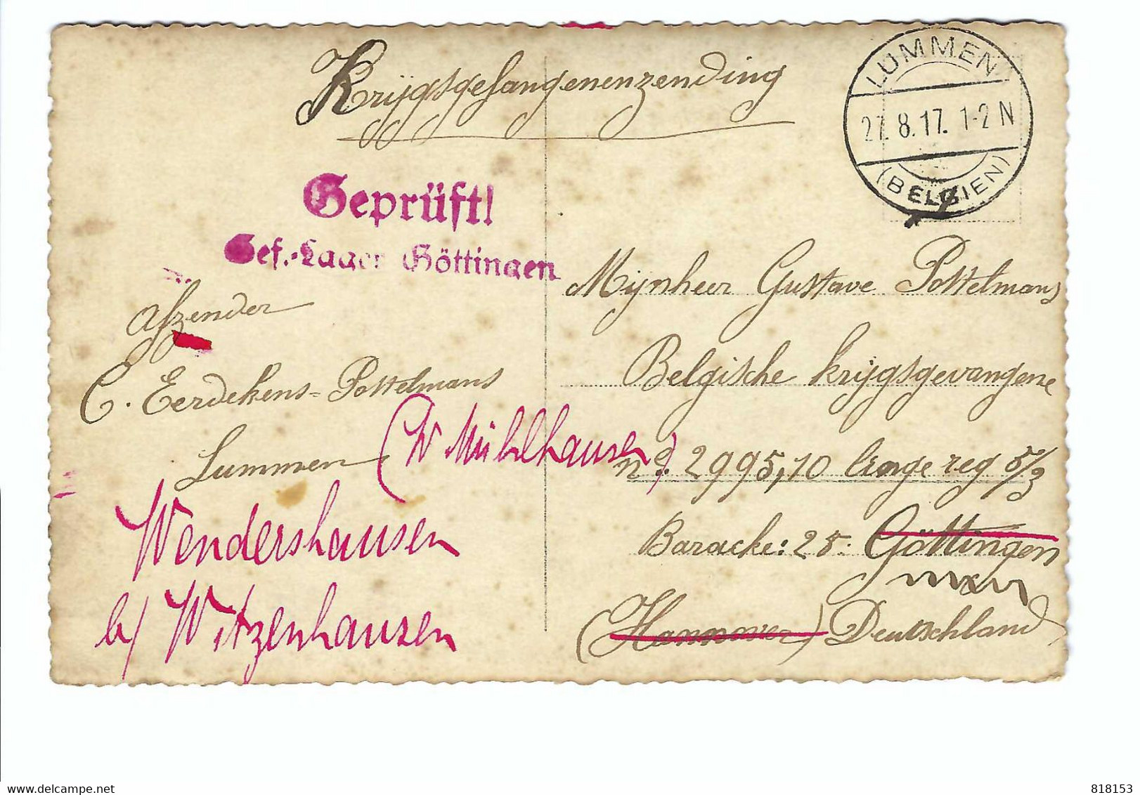 Familie C Eerdekens-Postelmans ;Gustave Postelmans  Belgische Krijgsgevangene N° 2995,10  Wenderhausen   Fotokaart - Lummen