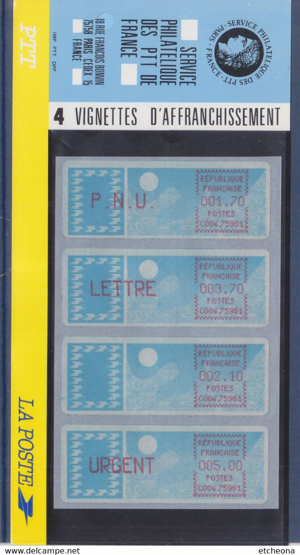 Plaquette PTT 4 Timbres De Distributeur Service Philatélique 1.70f, 3.70f, 2.10f Et 5.00f, Neufs Support Bleu - 1985 « Carrier » Papier