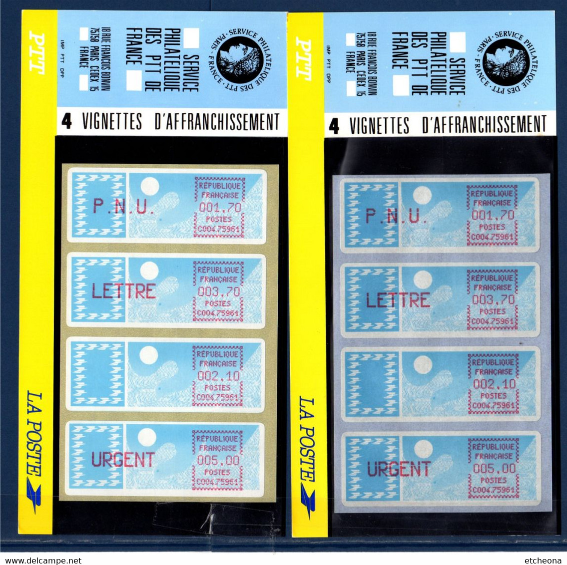 2 Plaquettes PTT 4 Timbres De Distributeur Service Philatélique 1.70f, 3.70f, 2.10f 5.00f, Neufs Support Bleu Et Blanc - 1985 « Carrier » Papier