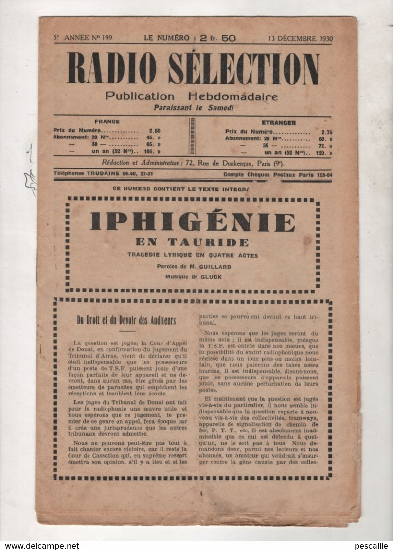 1930 - RADIO SELECTION / PROGRAMME DE T.S.F / TEXTE IPHIGENIE EN TAURIDE TRAGEDIE LYRIQUE PAROLES GUILLARD MUSIQUE GLUCK - Audio-Visual