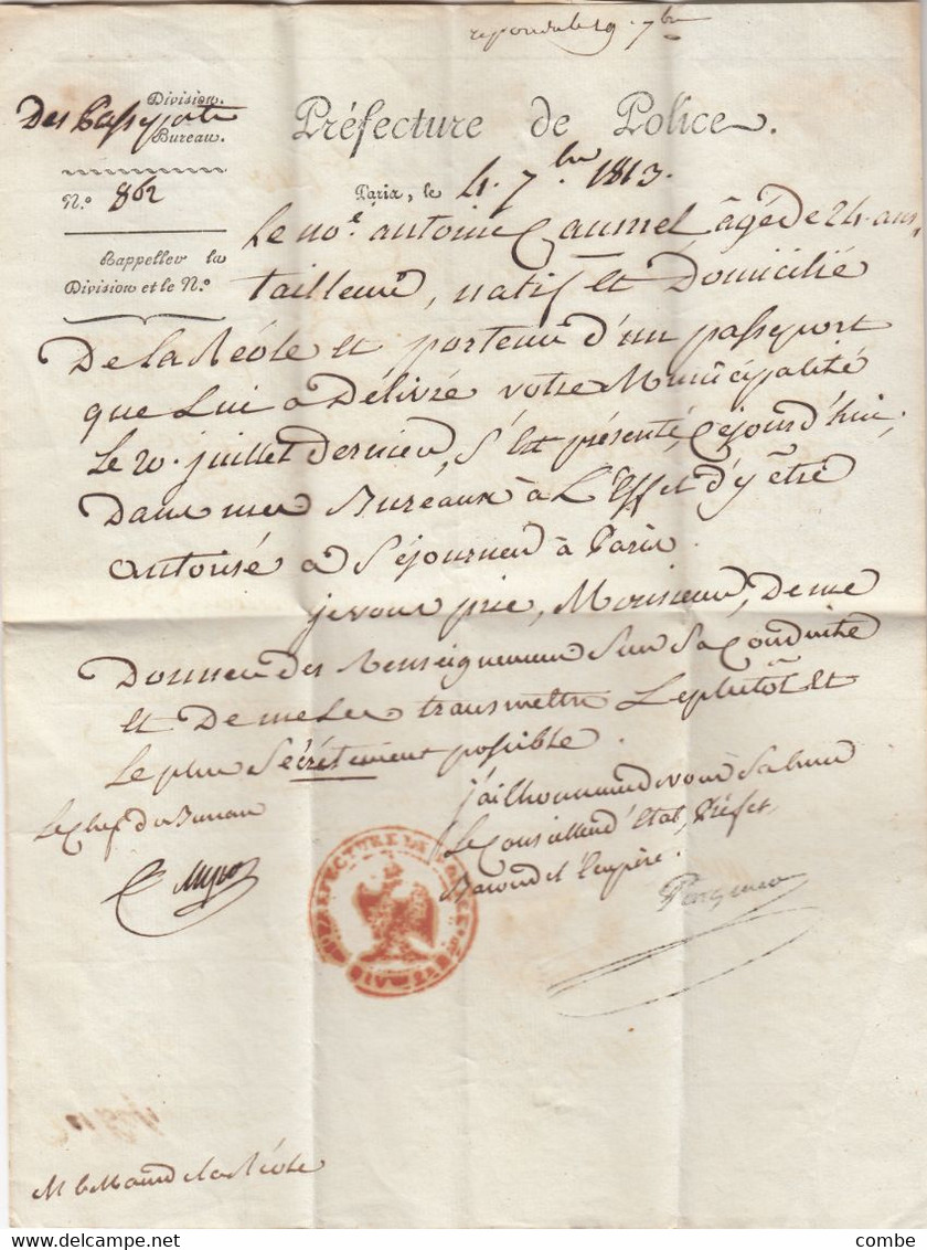 LETTRE.  PARIS. 4 SEPT 1813. PREFECTURE DE POLICE. PASSEPORTS. DEMANDE DE RENSEIGNEMENT LE PLUS SECRETEMENT POSSIBLE/  2 - 1801-1848: Voorlopers XIX