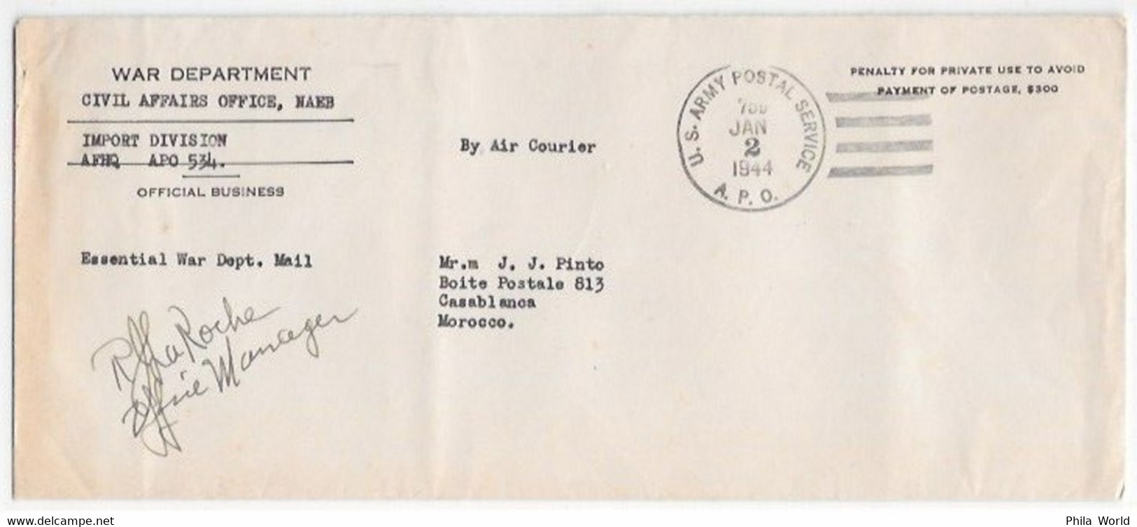 WW2 - 1944 JAN 02 - APO 759 = Office CASABLANCA US ARMY POSTAL SERVICE On Official Business cover Of WAR DEPARTMENT - WW2