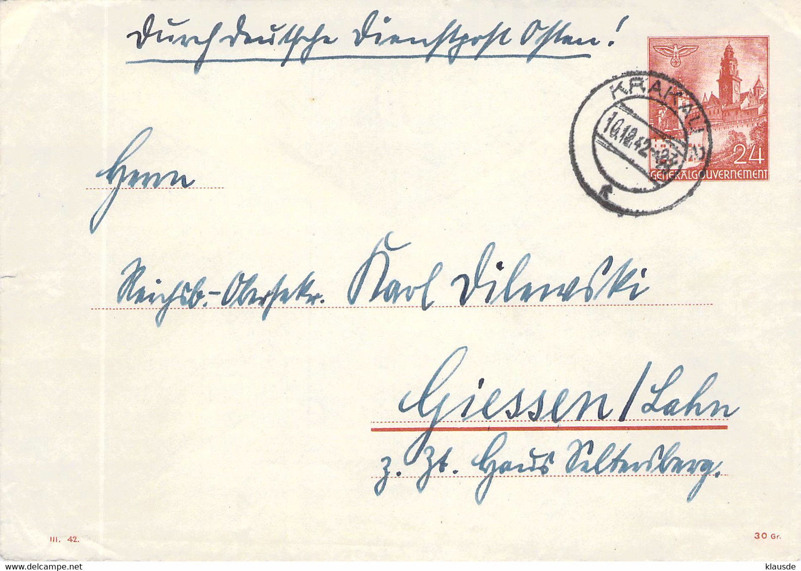 MiNr.U2/02 Krakau-Giessen 10.12.42 Generalgouvenement - Enveloppes