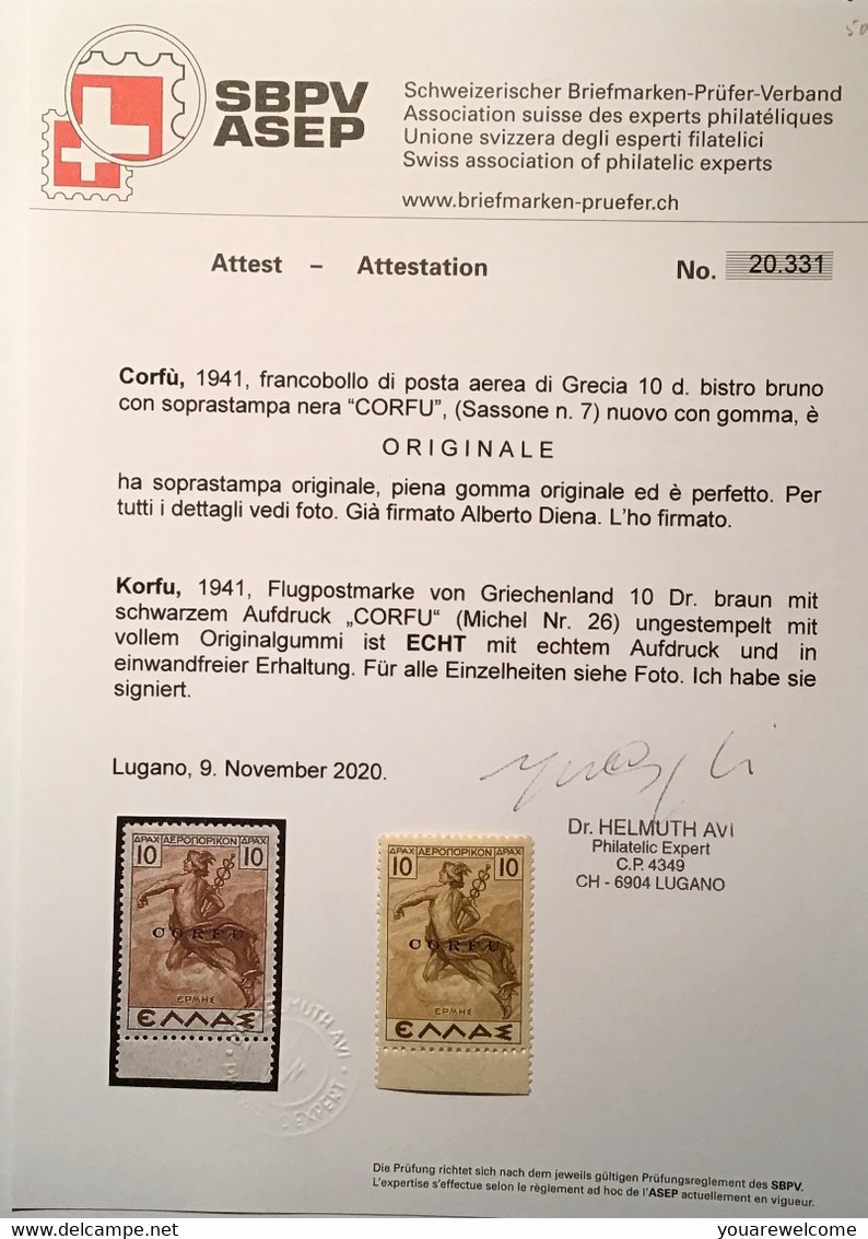 Corfu Occupazione Militare Italiana 1941 RARE Posta Aera 7 * XF Cert Avi(Greece Ionian Islands WW2 Italy Italia - Corfou