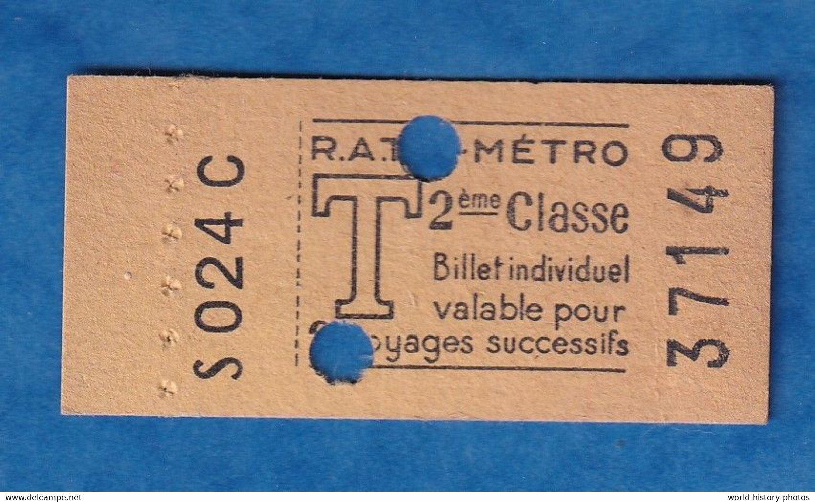 Ticket Ancien De Métro RATP  - S 024 C - 2ème Classe - T - Valable Pour 2 Voyages Succéssifs - 37149 - Paris - Sin Clasificación