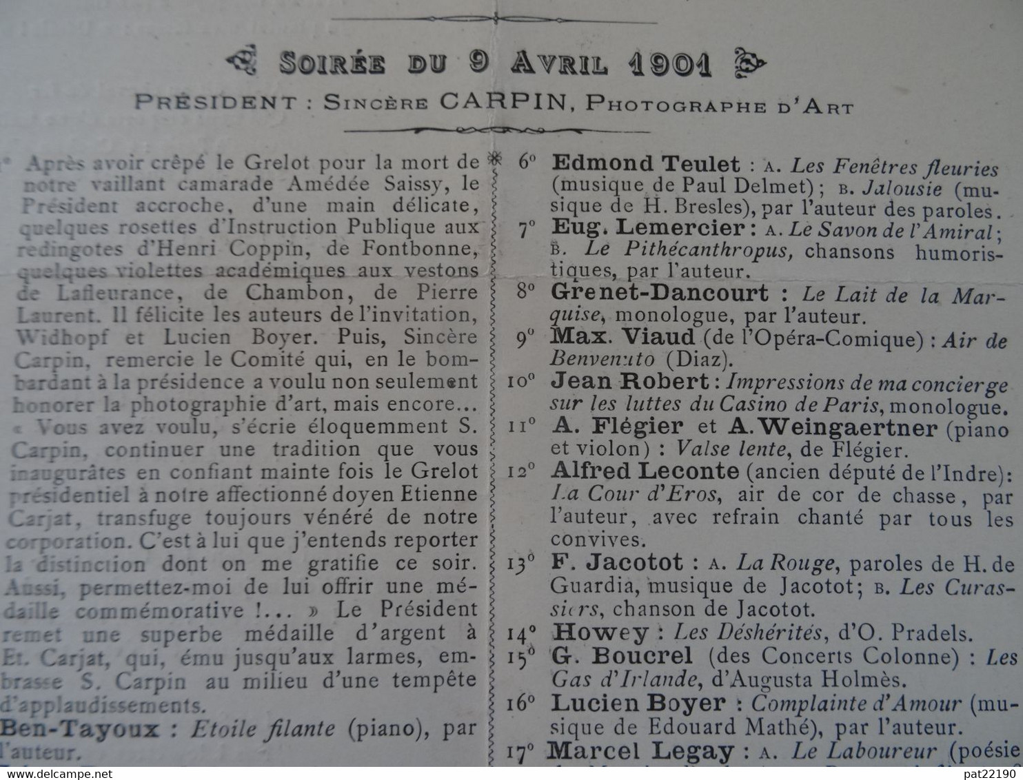 Menu Ancien N° 264 En 1901de L' IllustrateurGeorges Meyer Peintre  Pour Pierre Carrier Belleuse Artiste Peintre Carpin - Menus