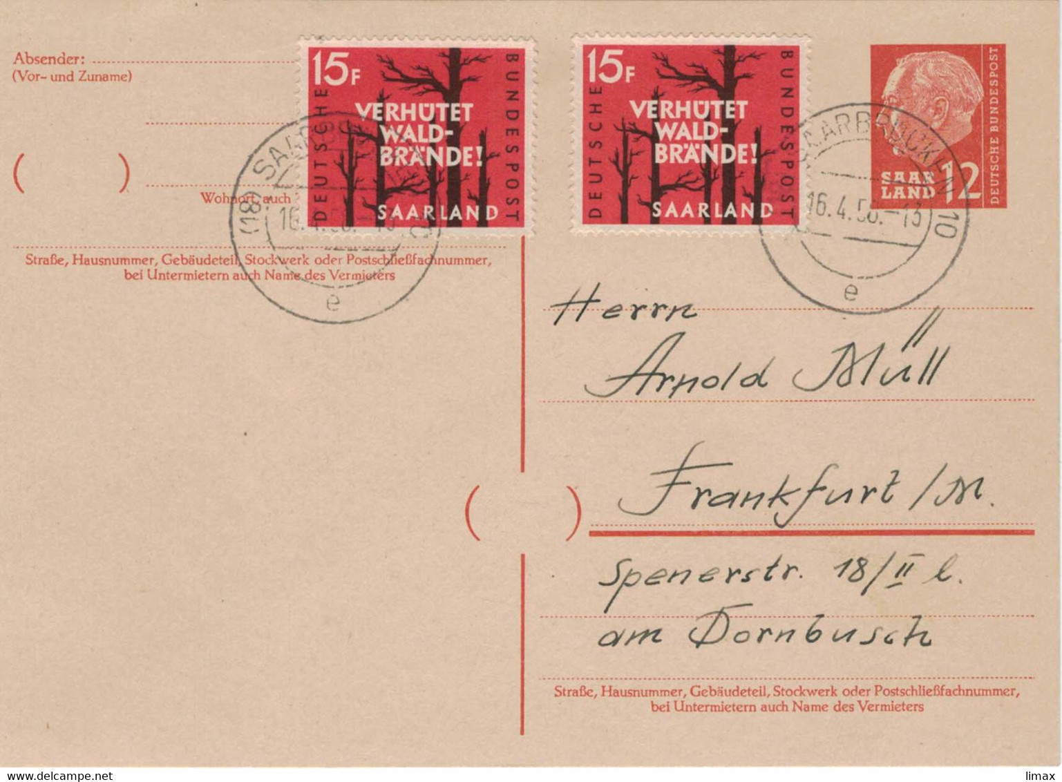 Theodor Heuss Saarbrücken 1958 - Zufrankierung Verhütet Waldbrände - Klima Klimawandel (schon Damals?) - Interi Postali