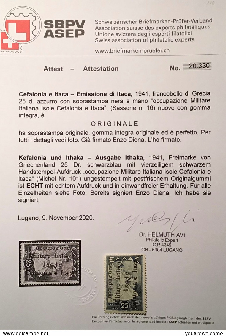 Cefalonia E Itaca 1941 RARE Sa. 16 MNH** Cert Avi(Greece Ionian Islands OCCUPAZIONE MILITARE ITALIANA Italia Italy - Cefalonia & Itaca