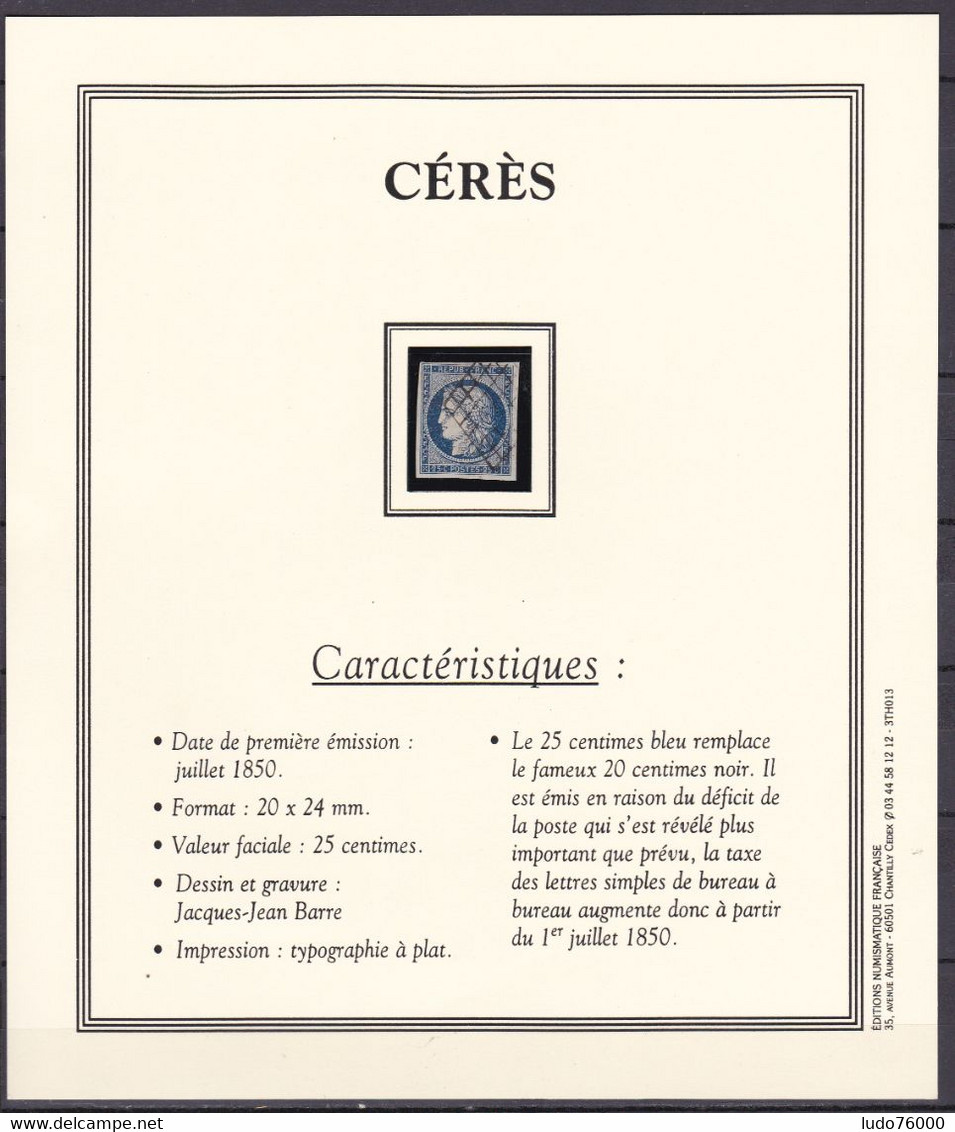 D255 / N° 4 OBL SUR FICHE DESCRIPTIVE - 1849-1850 Ceres