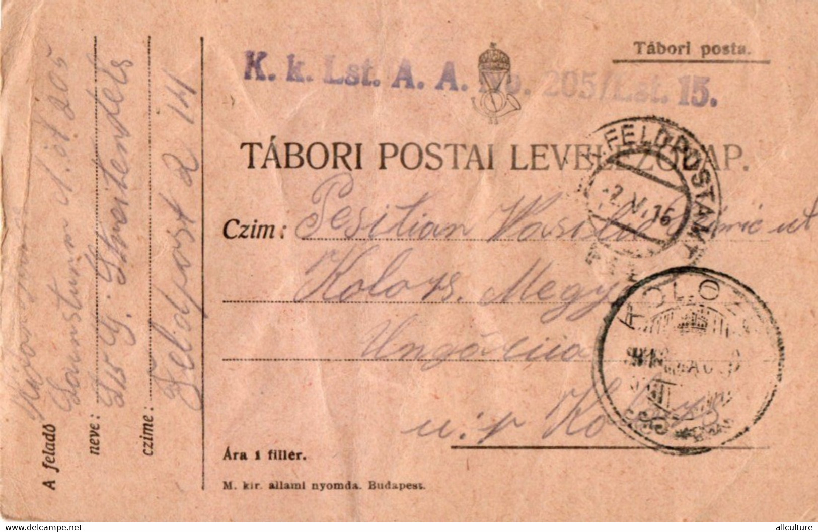 A111 - TABORI POSTA K.K. LST A.A.NO. 205 TO KOLOSVAR ,CLUJ-NAPOCA  1916 - World War 1 Letters