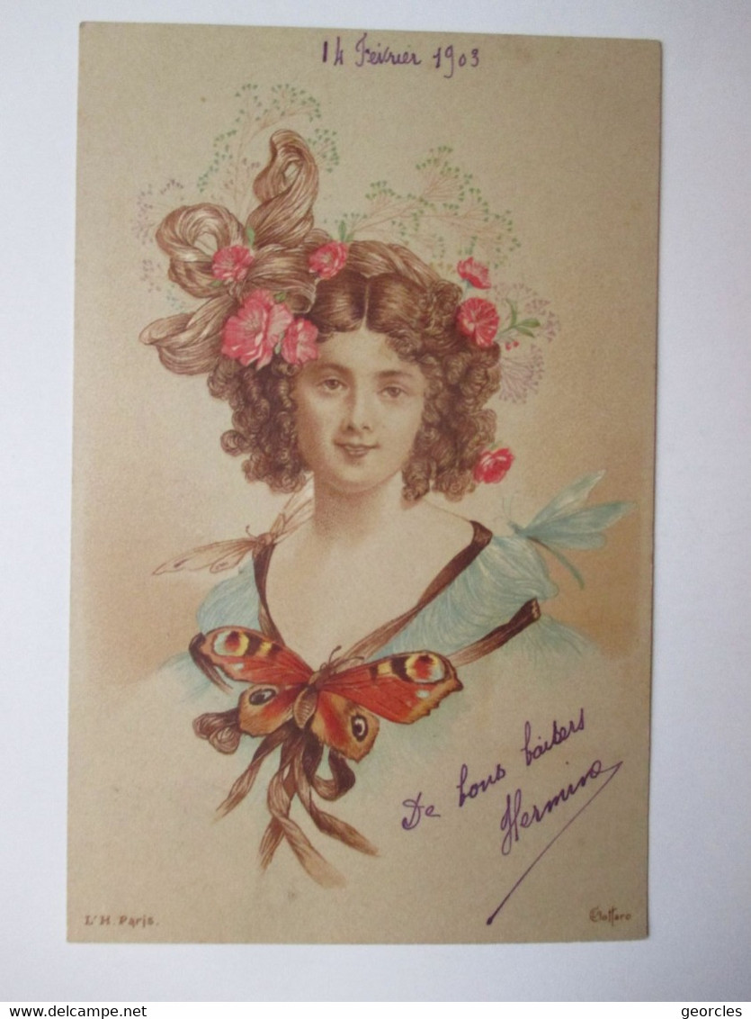 BOTTARO   -   JEUNE  FEMME  ,  PAPILLON  ET  FLEURS  DANS  LES  CHEVEUX    ....    TTB - Bottaro