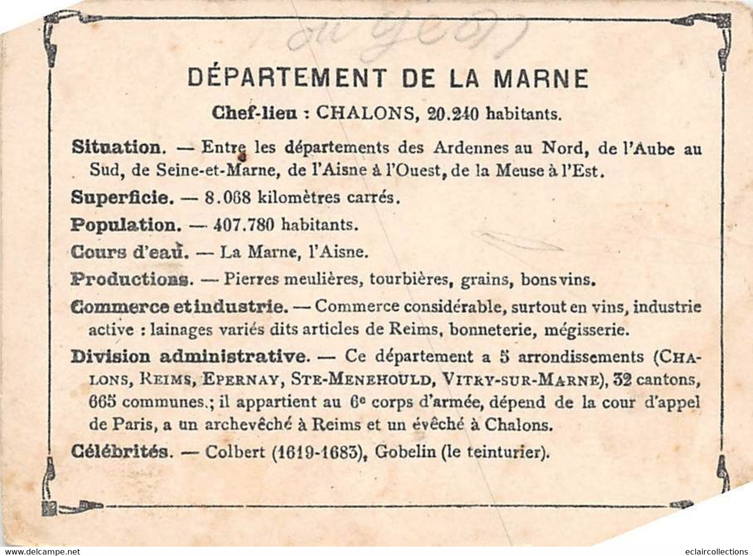 Image :  Non Classé   Chromo Département De La Marne   11,5x8.5           (voir Scan) - Autres & Non Classés