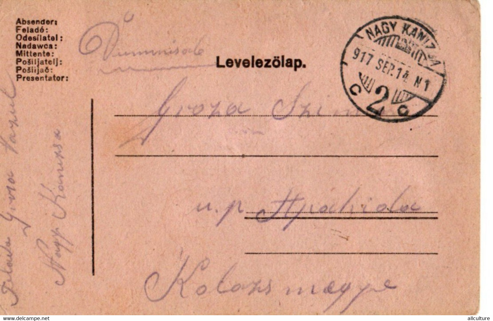 A115  -  NAGY KANIZSA  LEVELEZOLAP TO APAHIDA KOLOSVAR ROMANIA  1WW 1917 - WO1