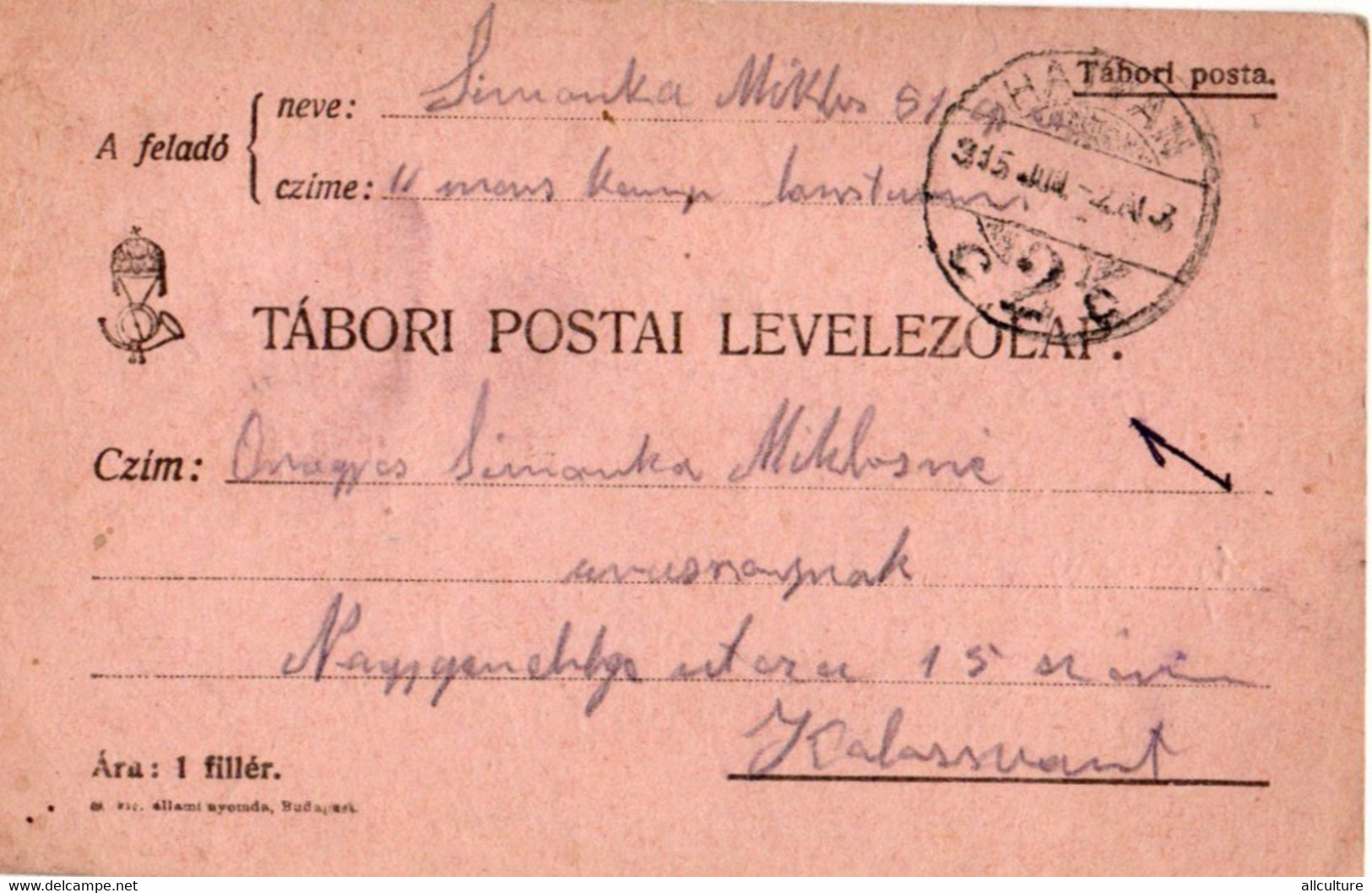 A122  -  TABORI POSTA  TO KOLOSVAR CLUJ  ROMANIA   1WW 1915 - Cartas De La Primera Guerra Mundial