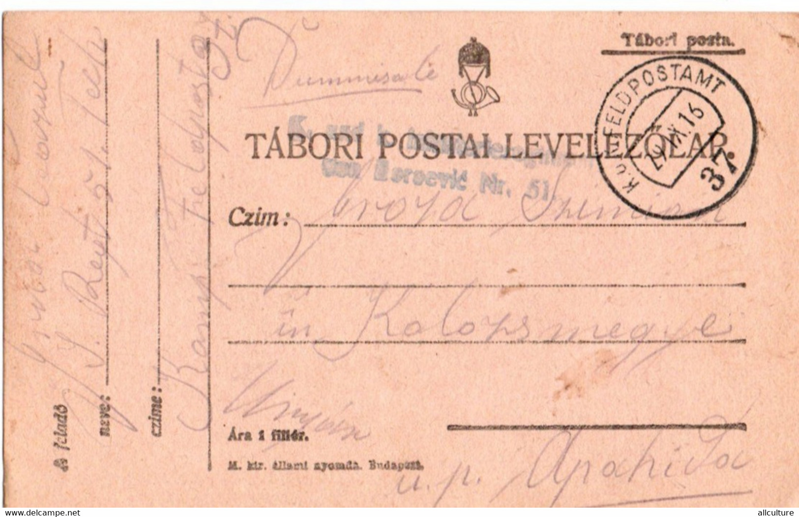 A123  -  TABORI POSTA  FELDPOSTAMT STAMP TO KOLOSVAR CLUJ  APAHIDA ROMANIA   1WW 1916 - 1ste Wereldoorlog (Brieven)