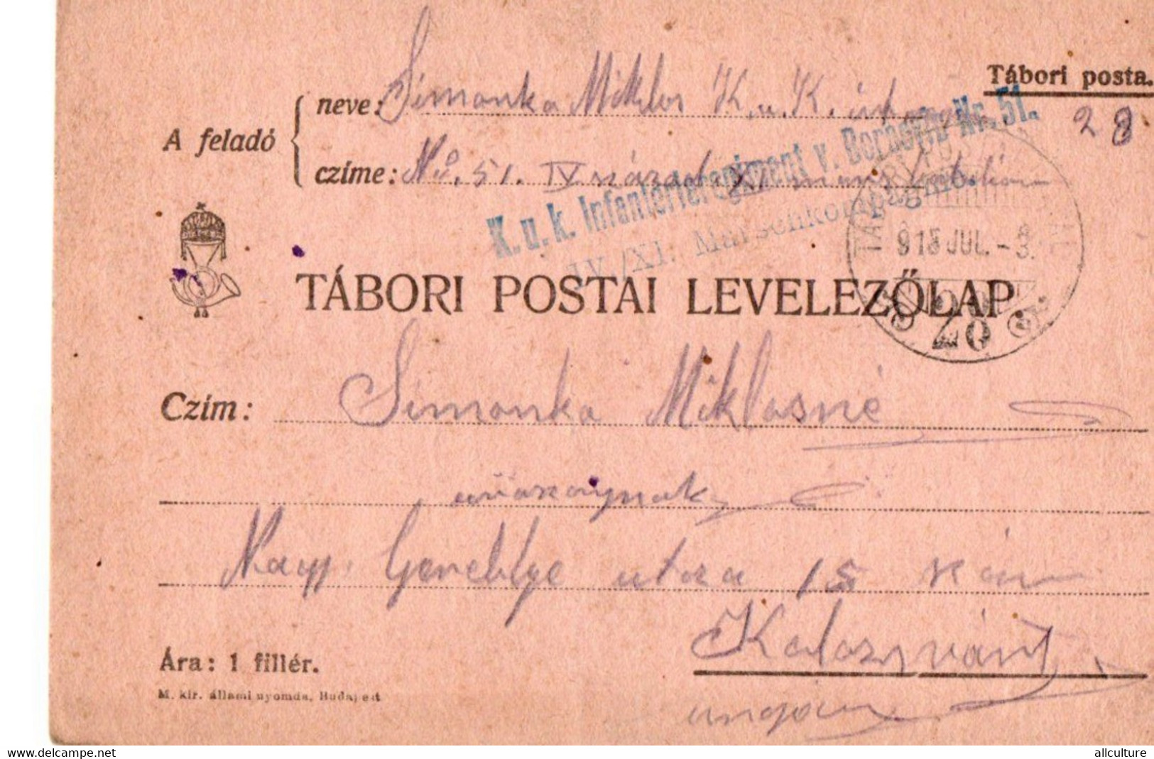 A124  -  TABORI POSTA  FELDPOSTAMT INFANTERIEREGIMENT STAMP TO KOLOSVAR CLUJ  ROMANIA   1WW 1916 - 1ste Wereldoorlog (Brieven)