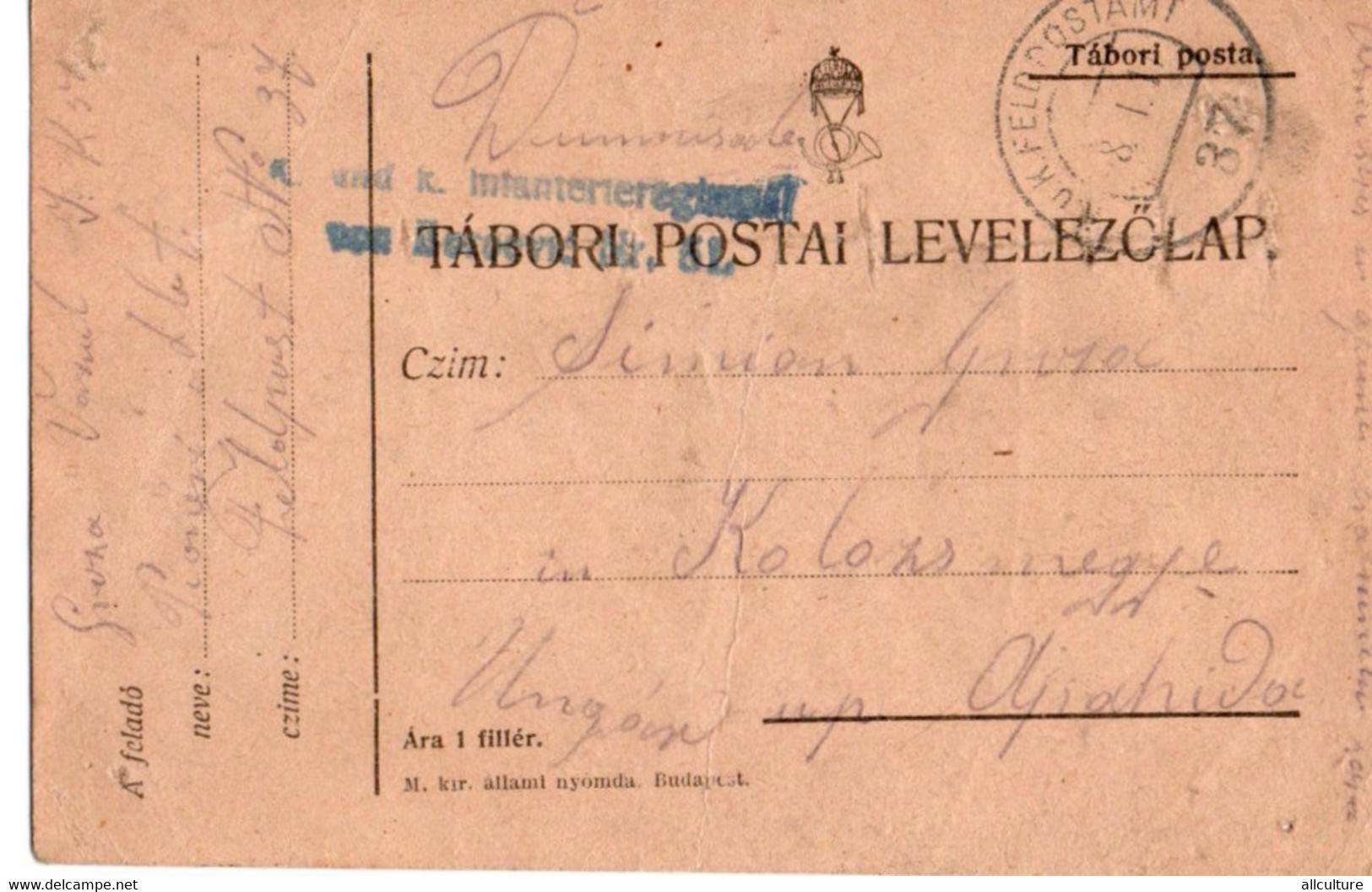 A125  -  TABORI POSTA  FELDPOSTAMT INFANTERIEREGIMENT STAMP TO KOLOSVAR CLUJ  ROMANIA   1WW 1916 - Lettres 1ère Guerre Mondiale