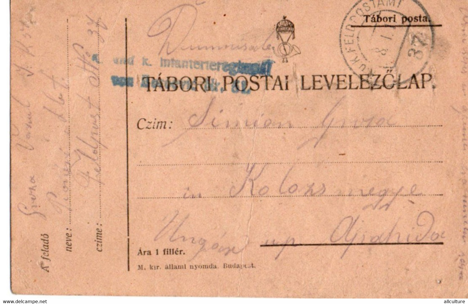 A125  -  TABORI POSTA  FELDPOSTAMT INFANTERIEREGIMENT STAMP TO KOLOSVAR CLUJ  ROMANIA   1WW 1916 - Storia Postale Prima Guerra Mondiale