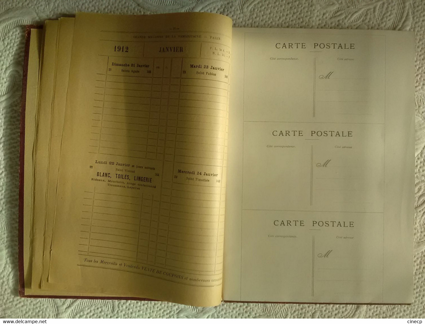 CALENDRIER PUBLICITAIRE AGENDA ILLUSTRE 1912 LA SAMARITAINE ILLUSTRATIONS CARTES POSTALES PUBLICITE CARTE GEOGRAPHIQUE