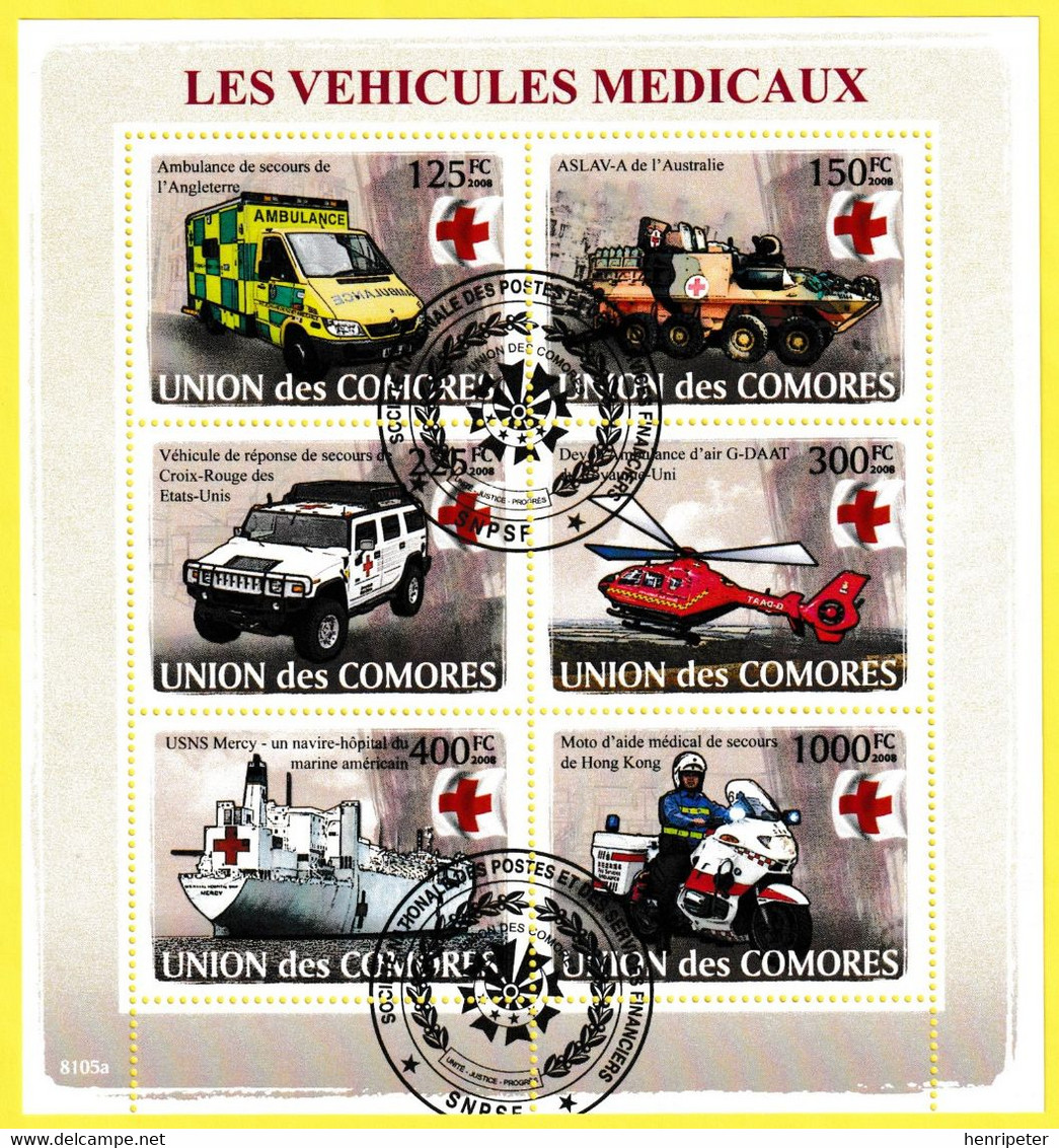 Bloc Feuillet Oblitéré - Les Véhicules Médicaux - Union Des Comores 2008 - Comores (1975-...)