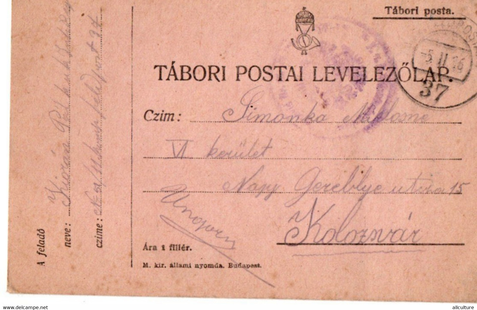 A127  -  TABORI POSTA FELDPOSTAMT STAMP  TO KOLOSVAR CLUJ ROMANIA 1WW 1916 - WW1