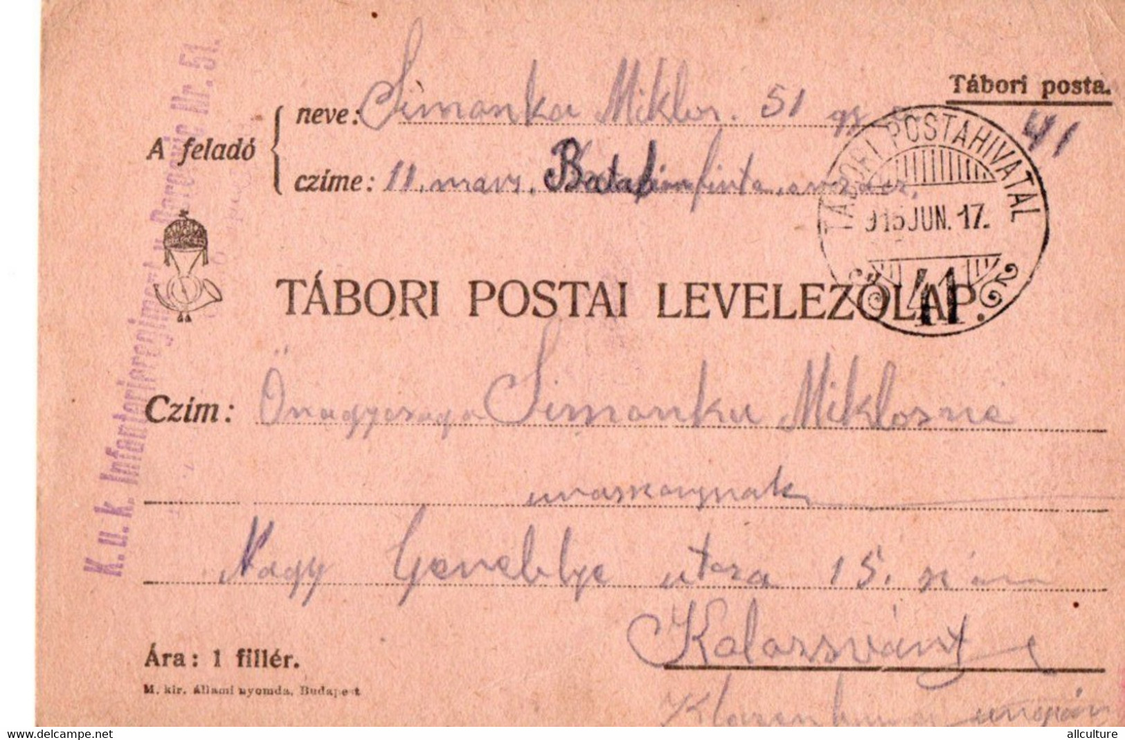 A128  -  TABORI POSTA POSTAHIVATAL INFANTERIEREGIMENT STAMP  TO KOLOSVAR CLUJ ROMANIA 1WW 1917 - WO1