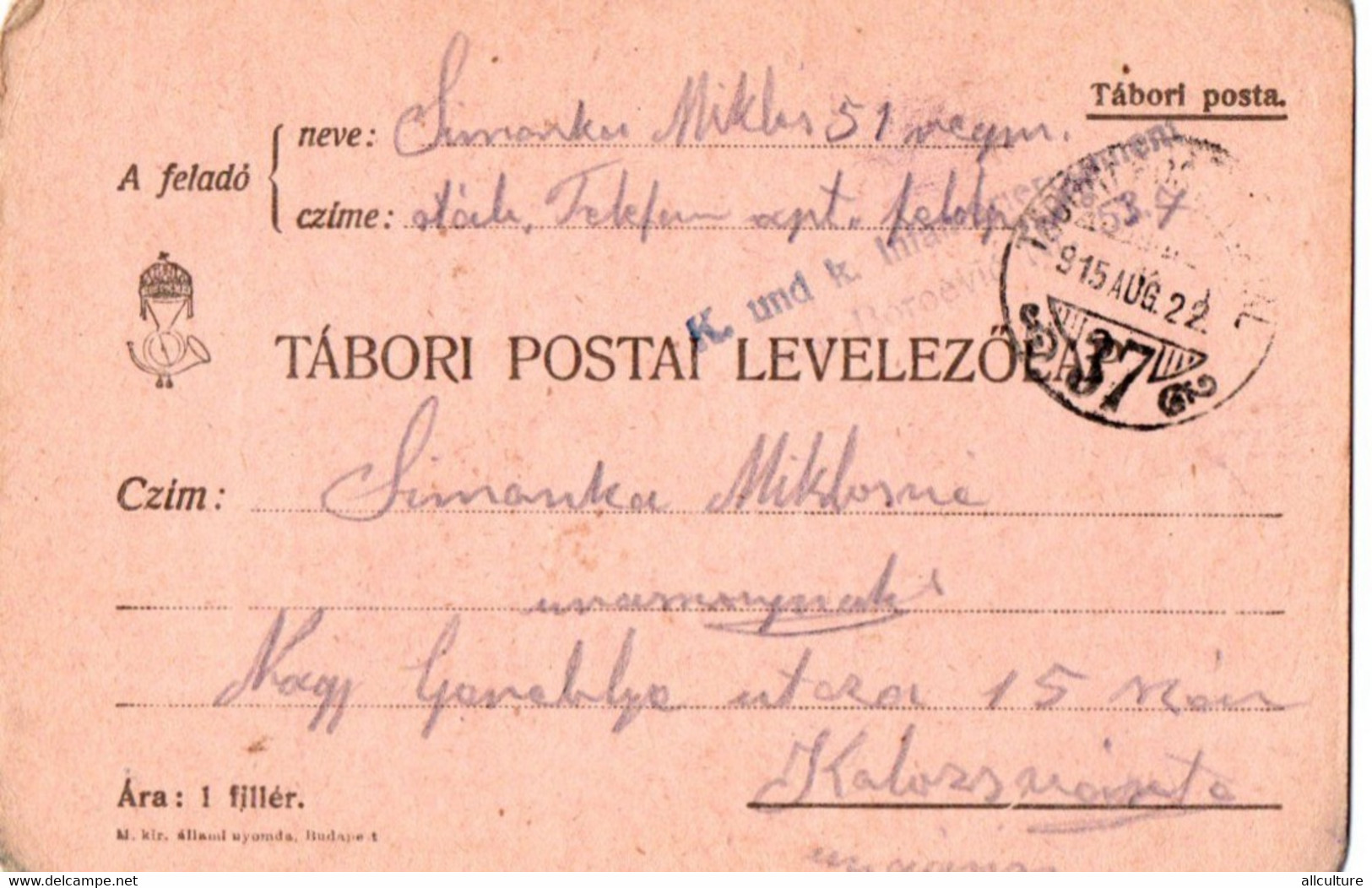 A129  -  TABORI POSTA LEVELEZOLAP INFANTERIEREGIMENT STAMP  TO KOLOSVAR CLUJ ROMANIA 1WW 1915 - Cartas De La Primera Guerra Mundial