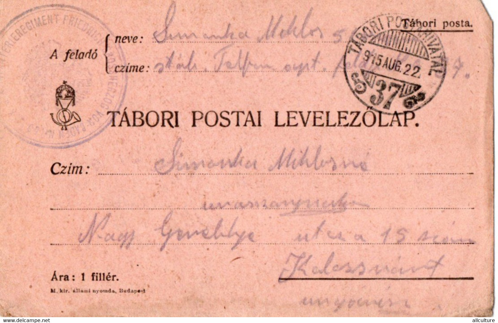 A131  -  TABORI POSTA LEVELEZOLAP INFANTERIEREGIMET STAMP TO KOLOSVAR CLUJ   ROMANIA 1WW 1916 - 1ste Wereldoorlog (Brieven)