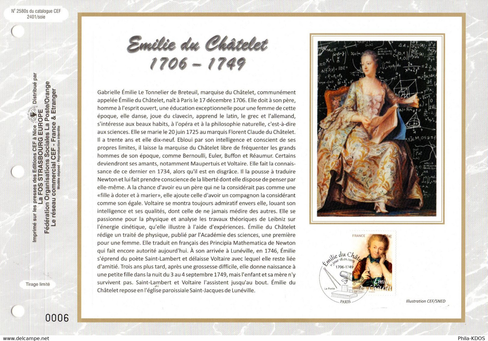 2019 : " EMILIE DU CHATELET " Sur Feuillet CEF 1er Jour Sur Soie. Parfait état FDC - Donne Celebri