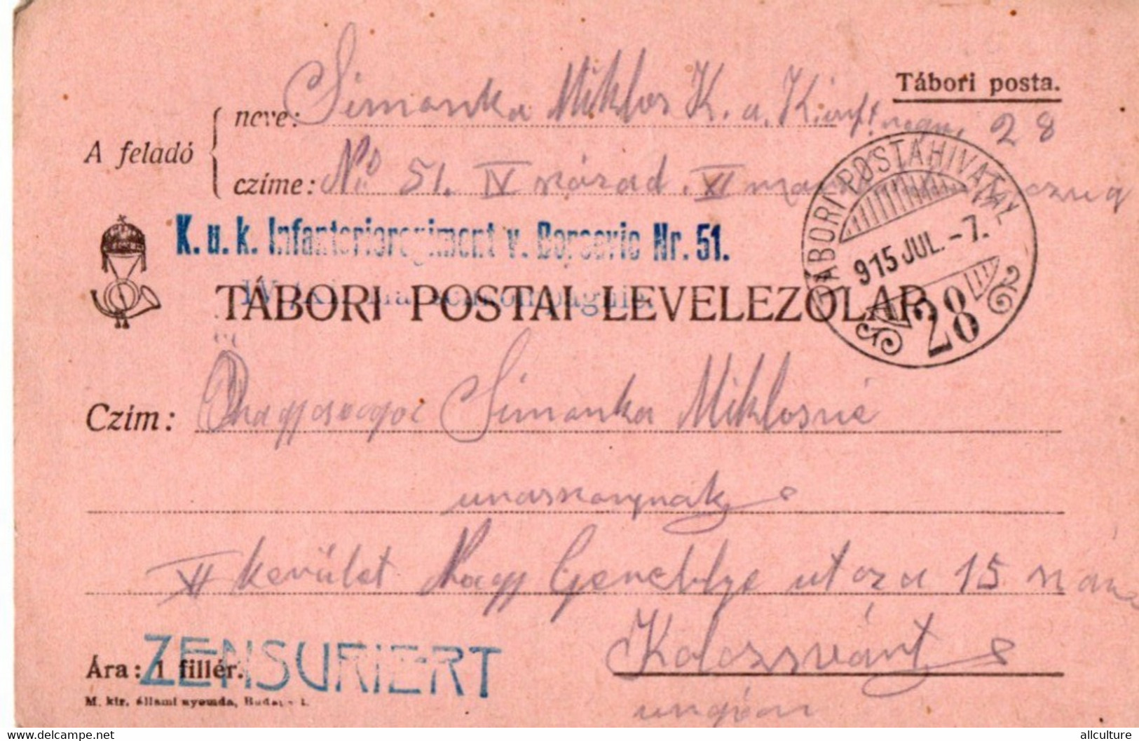 A133  -  TABORI POSTAI LEVELEZOLAP  ZENZURIERT CENZORED INFANTERIEREGIMENT STAMP TO KOLOSVAR CLUJ   ROMANIA 1WW 1915 - World War 1 Letters