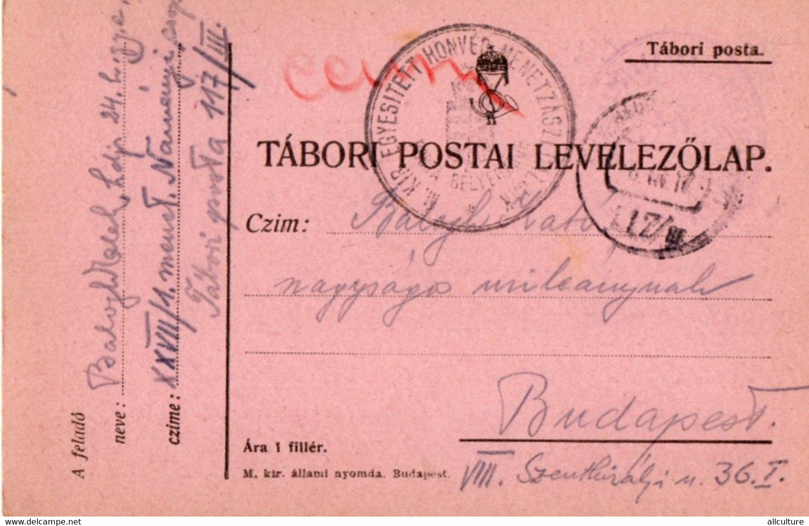 A134  -  TABORI POSTAI LEVELEZOLAP STAMP EGYSITETT  TO BUDAPEST HUNGARY 1WW 1917 - WW1