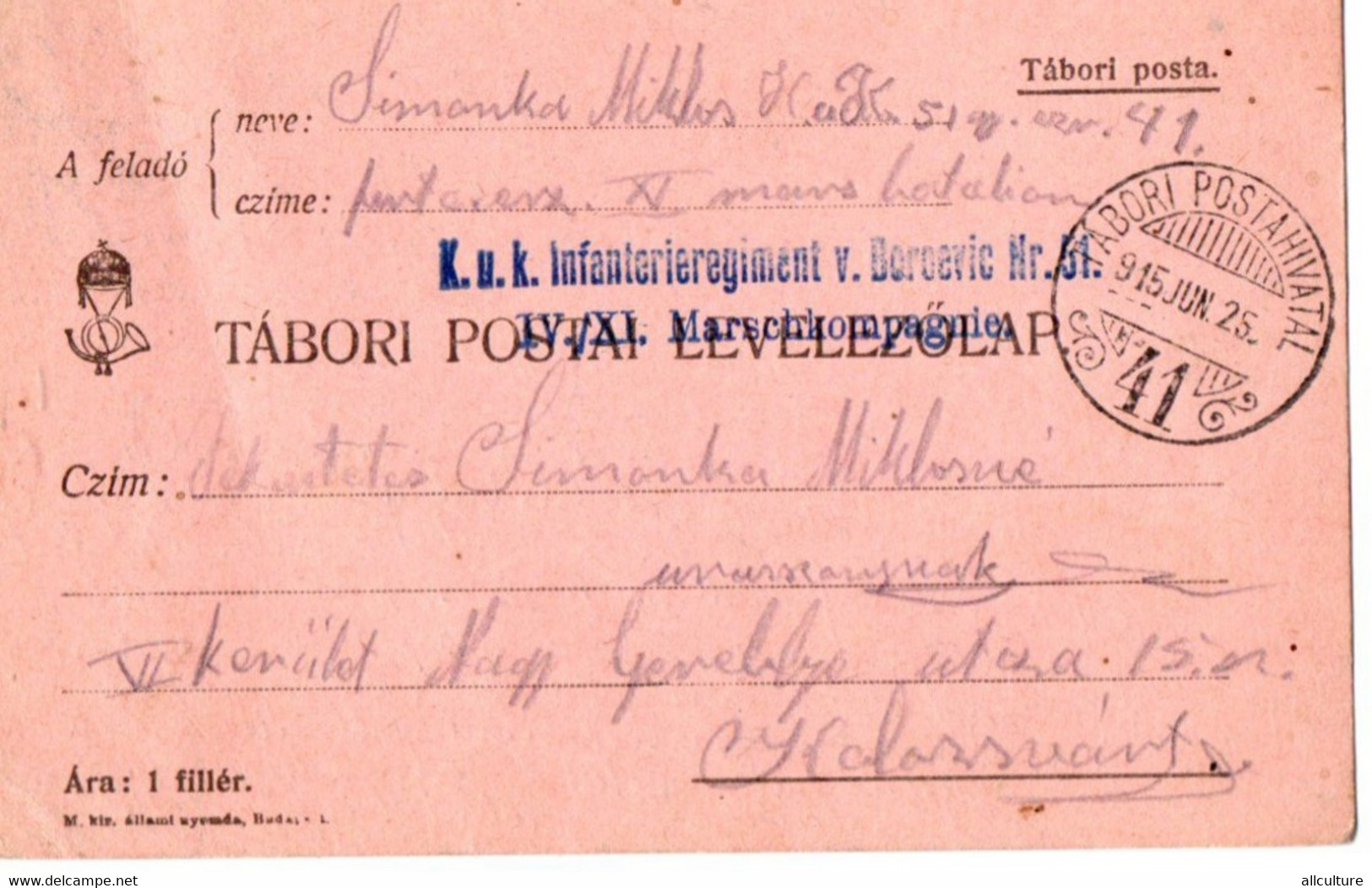 A135  -  TABORI POSTAI LEVELEZOLAP STAMP INFANTERIEREGIMENT TO KOLOSVAR CLUJ ROMANIA 1WW 1915 - 1. Weltkrieg